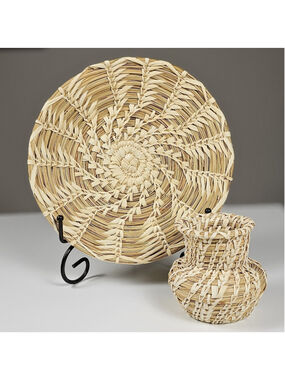 Vintage Tohono O'odham Papago Split Stitch Woven Basket Set - Tray & Vase Olla